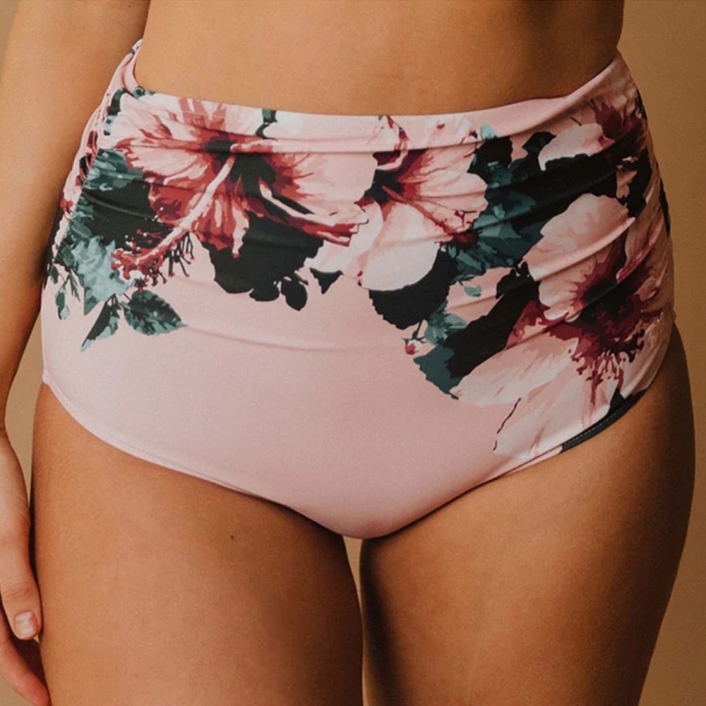Albion Fit Bronte Ruched Floral Print High Waisted Swim Bikini Bottoms Pink M